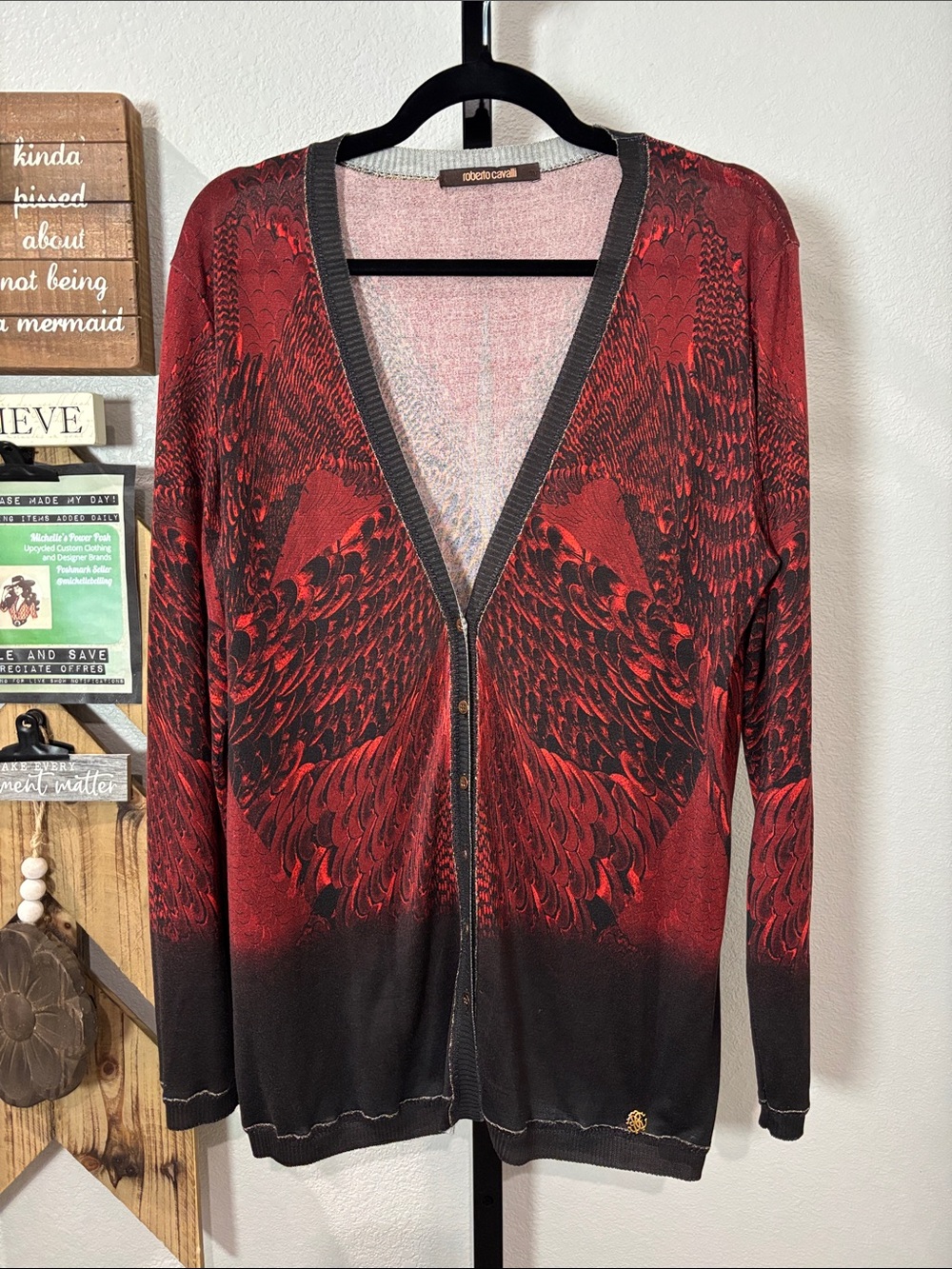 Roberto Cavalli Red and Black Feather Motif Cardigan 22pp 29L